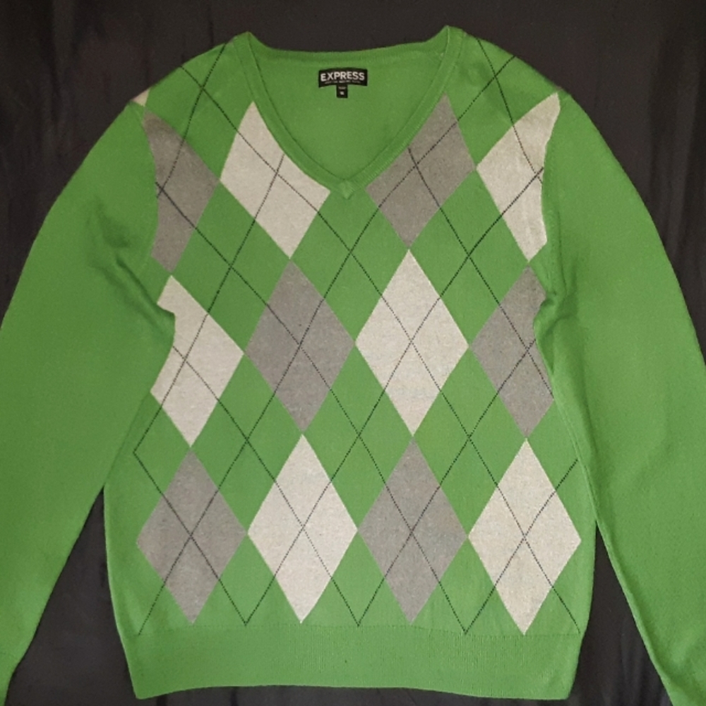 Express Mens Green Argyle V-Neck Cotton Merino Wool Sweater Medium